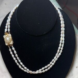 Classic Pearl Necklace double strand‎ genuine fresh water vintage Gold clasp 17”